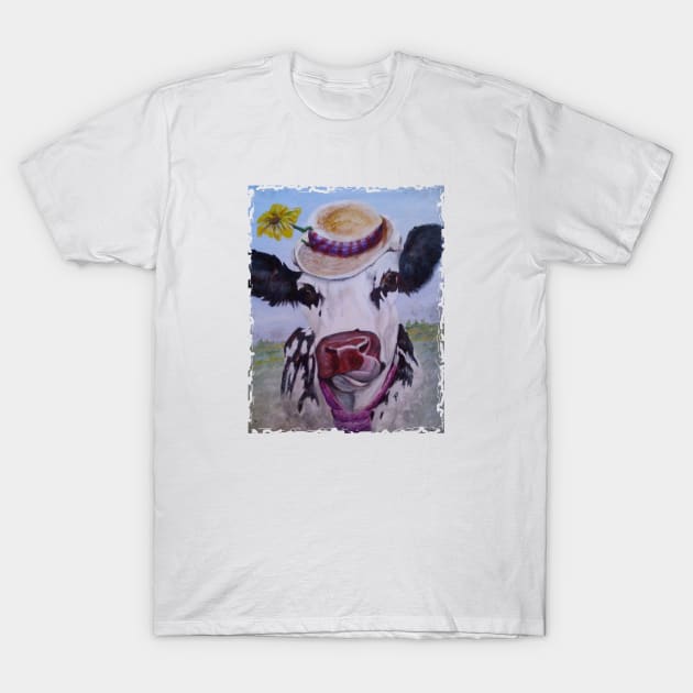 Funny Dairy Cow in Flower Hat T-Shirt by CougarCreations